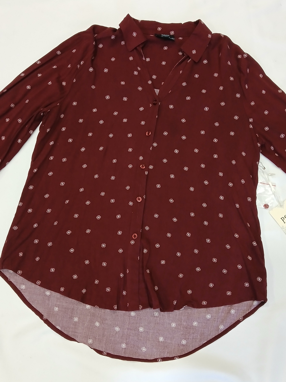 Perch Blu Pepper Women's 1XL Burgundy Button Up White Geometric Dots Long Sleeve